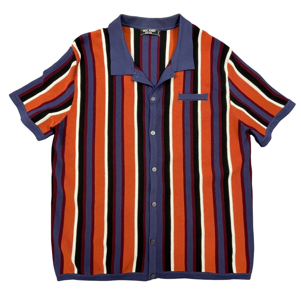 Paul Jones Orange Blue Striped Knit Button Down Shirt Mens 2XL